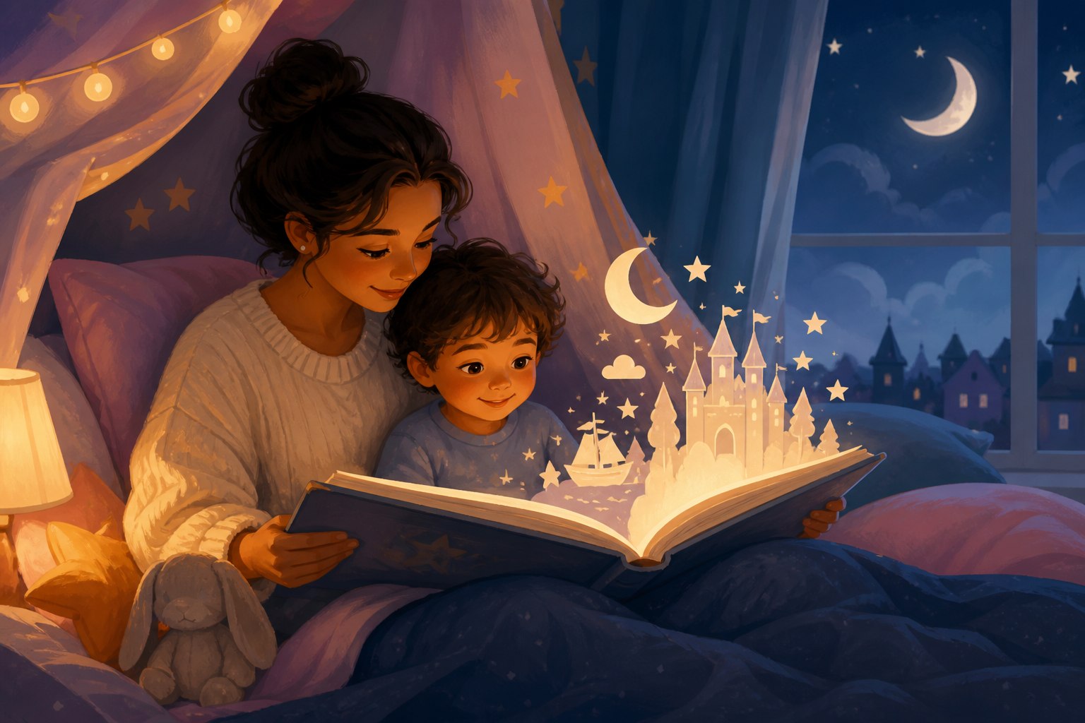 A parent and child sharing a magical bedtime story