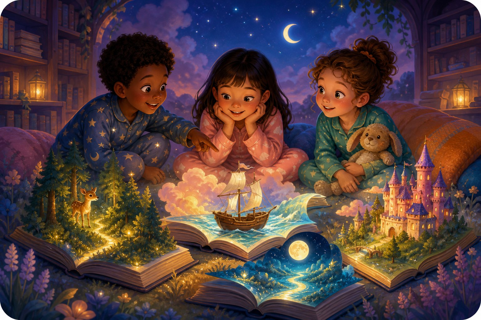 Children discovering forests, castles, ships, and moonlit worlds through open books